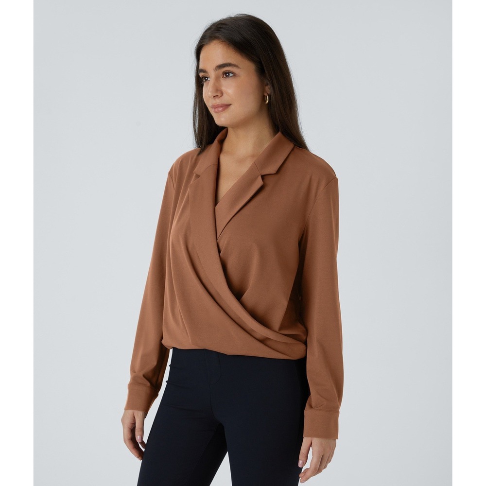 Halara Sz M Work Shirt Career Classy Notched Collar Crossover Top Brown Office